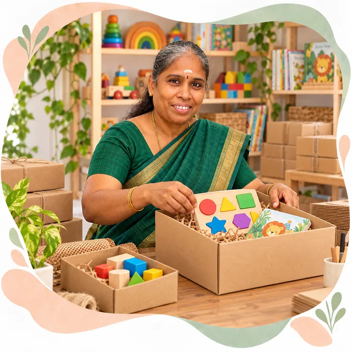 Illustrated story scene: Banu Amma packing a toy and book order